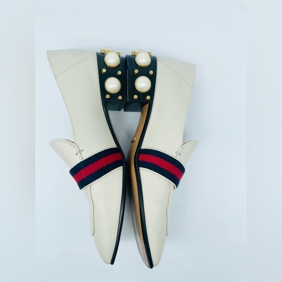 GUCCI Peyton Pearl GG Embellished Web White Cream Leather low heel loafers 37.5 - Picture 5 of 12